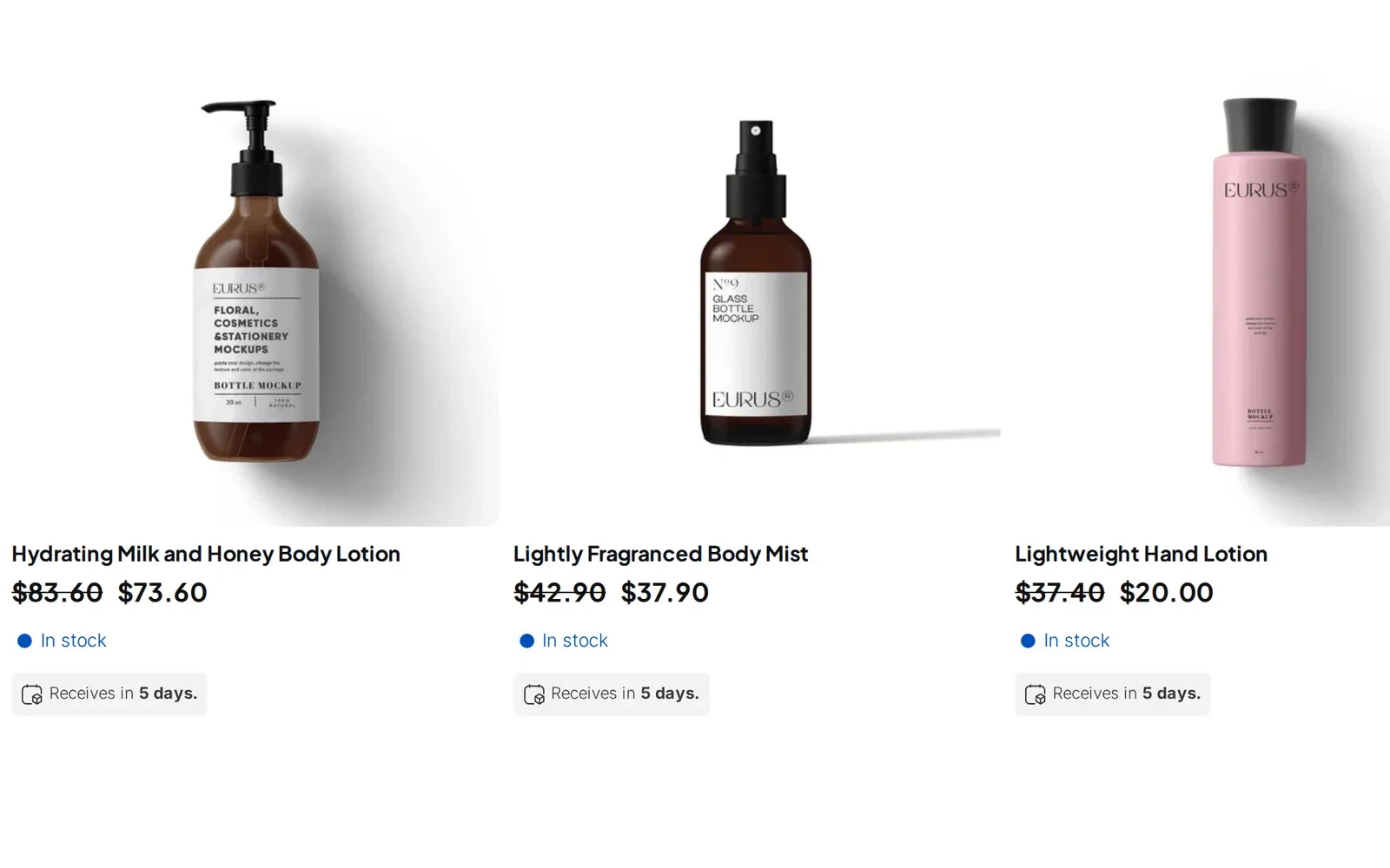 Three products on a demo store, each with a struck-through original price and a lower price, for example 83.60 and 73.60 dollars for a body lotion