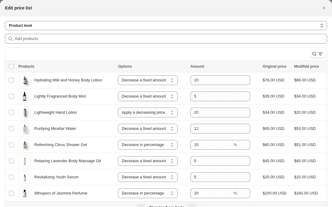 BSS B2B Solution price list editor showing products, a discount type, an amount and the original and modified price for each product