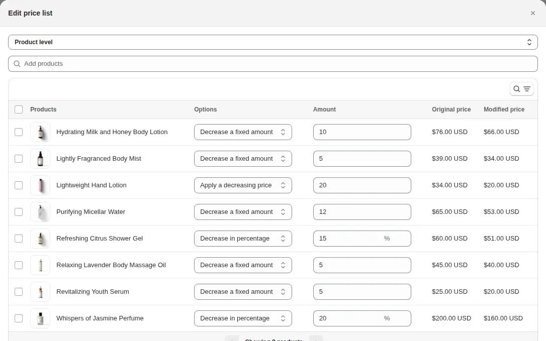 Price list editor in the app admin listing products with their original and modified prices