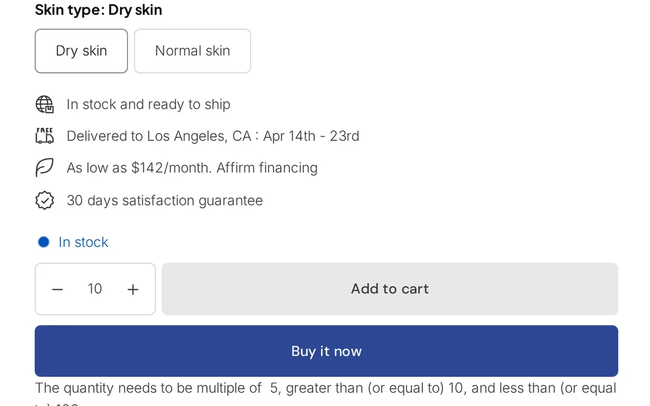 Product page note: quantity must be a multiple of 5 and at least 10