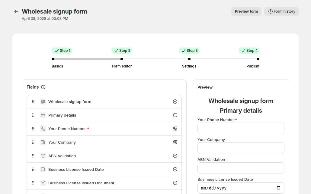 BSS B2B Solution wholesale signup form editor with four steps, a field list and a live preview of the form