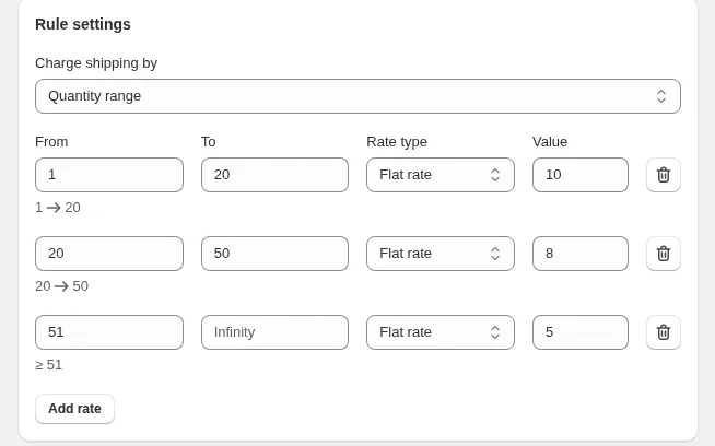 Shipping rule settings: charge shipping by quantity range with a rate for each range