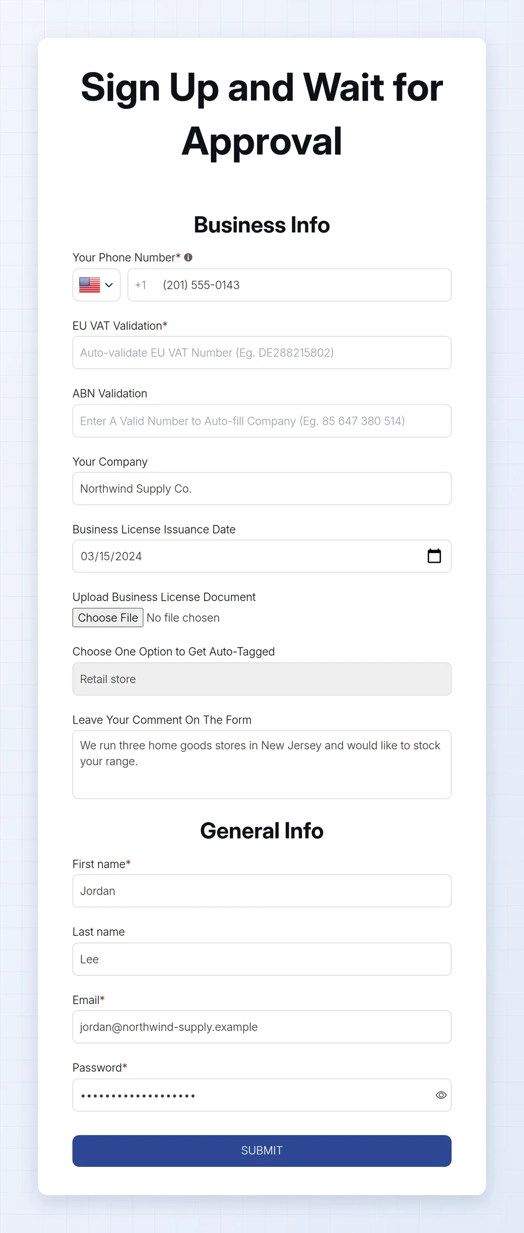 Registration form headed Sign Up and Wait for Approval, with a phone number field, an EU VAT validation field and an ABN validation field