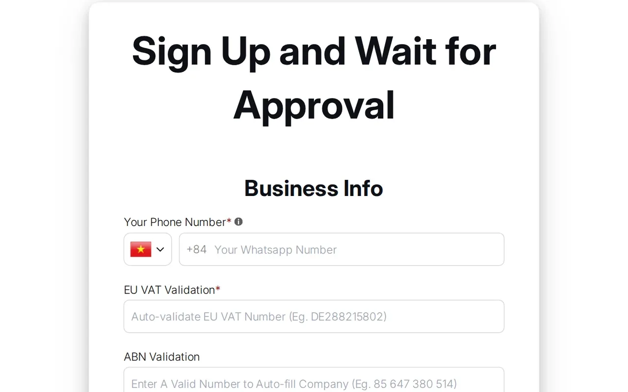 Storefront sign up form titled Sign Up and Wait for Approval with phone, EU VAT validation and ABN validation fields