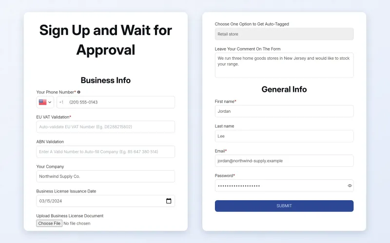 Storefront sign up form titled Sign Up and Wait for Approval, with a phone field, EU VAT and ABN validation, company details and general info