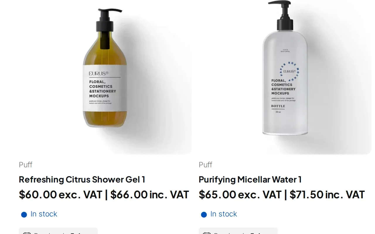 Two skincare products on a demo store, each priced both excluding and including VAT, for example $60.00 exc. VAT and $66.00 inc. VAT