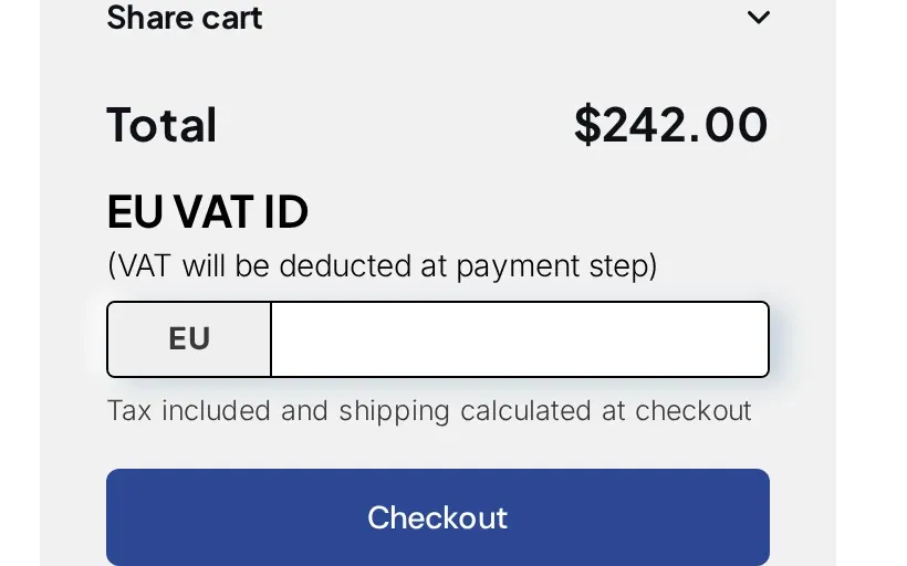 Cart with an EU VAT ID field above the Checkout button