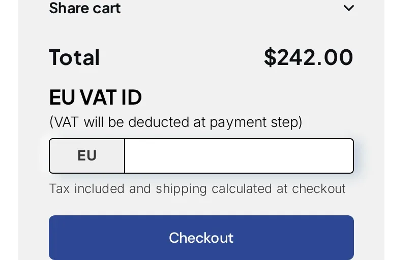 Cart on a demo store with an EU VAT ID field above the Checkout button