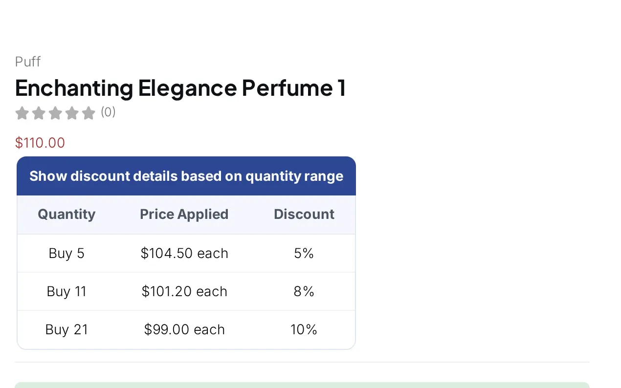 Volume discount table on a product page: buy 5, 11 or 21 for a lower price each