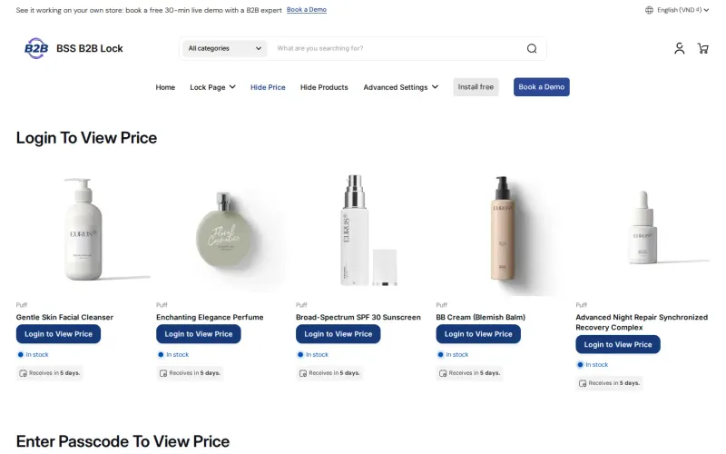 BSS B2B Lock demo store page where every product card shows a Login to View Price button