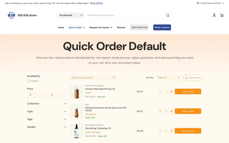 BSS B2B Quote demo store Quick Order Default page with a product table, quantity steppers and a Bulk Import button