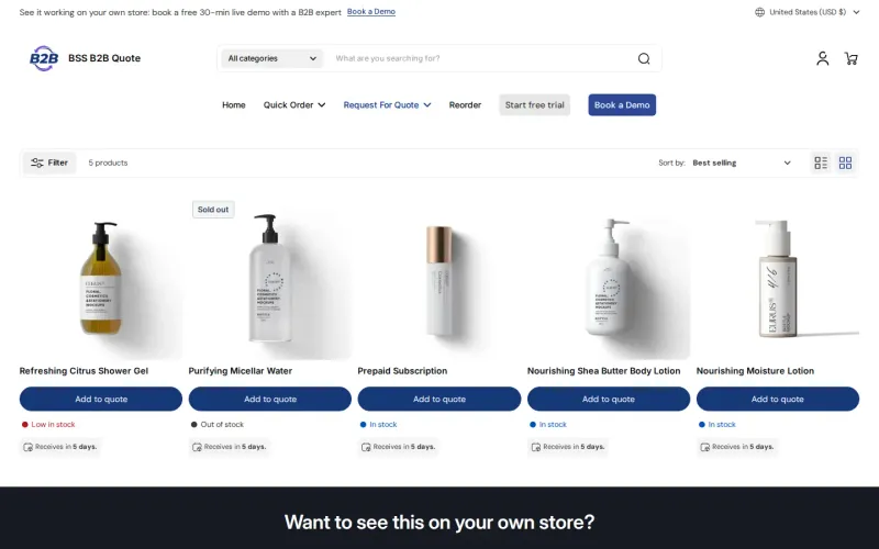 BSS B2B Quote demo store collection where each product card has an Add to quote button