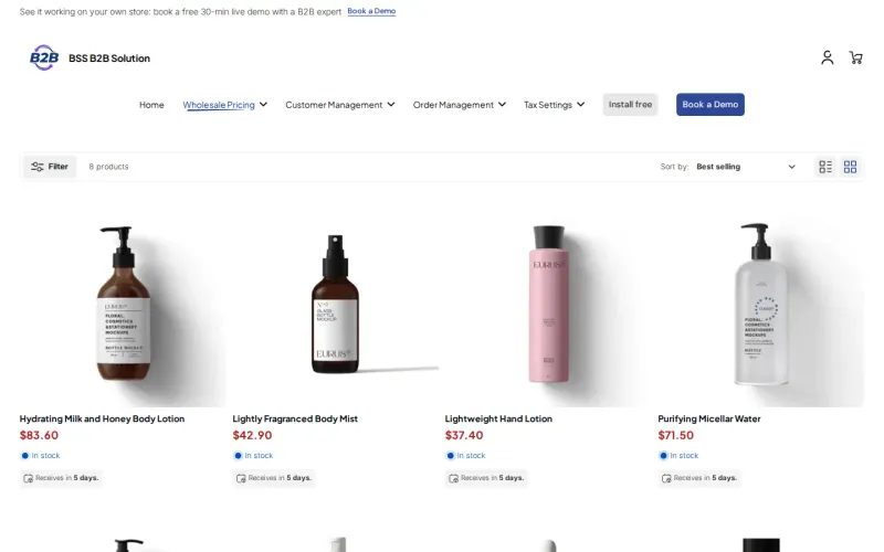 BSS B2B Solution demo store collection page showing retail prices for a guest, with product cards and a filter bar
