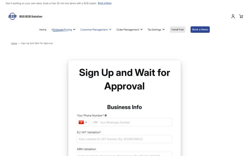 BSS B2B Solution demo store registration form titled Sign Up and Wait for Approval, with phone, EU VAT and ABN fields