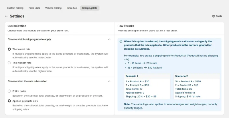Shipping Rate settings: lowest or highest rate, order scope