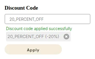 Code box with a green applied message and a 20% badge