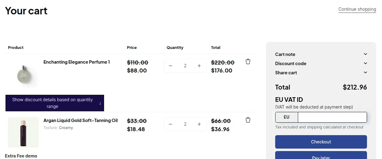 Cart with struck-through prices and a Discount code row