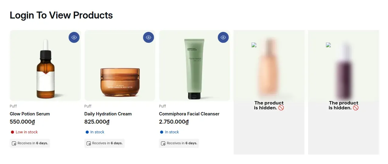 Locked products showing The product is hidden to a guest