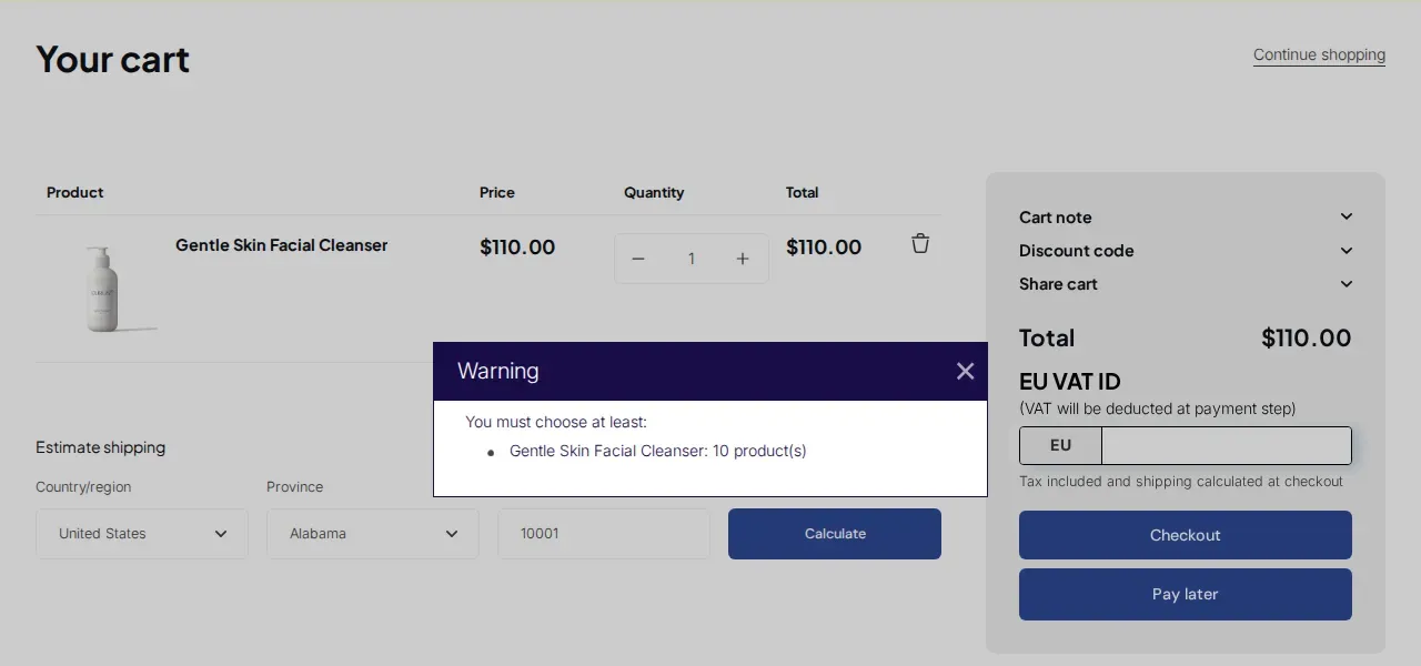 Cart warning shown when the minimum order quantity is not met