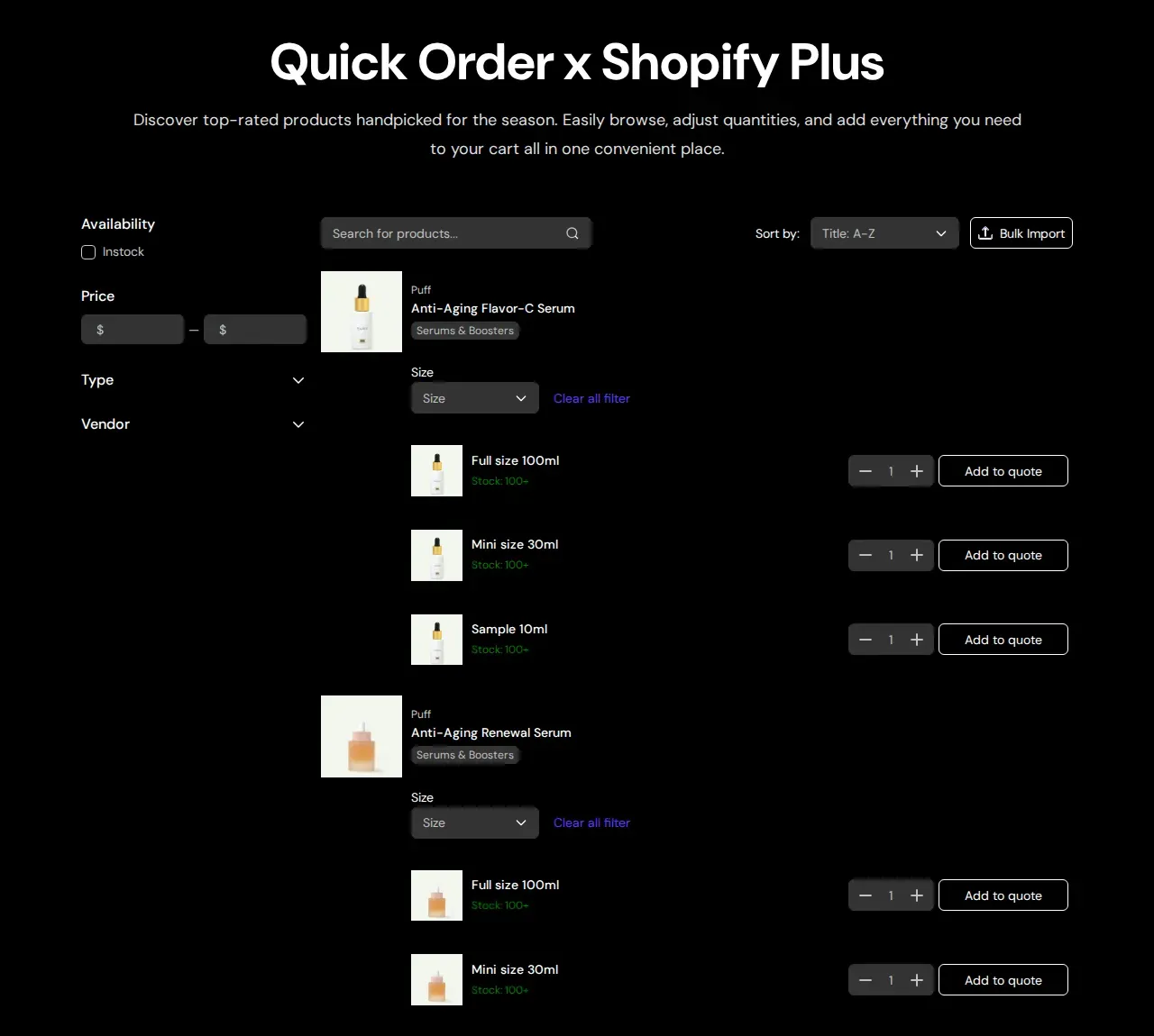 Quick Order demo page with every variant listed on its own row with a quantity box and Add to quote