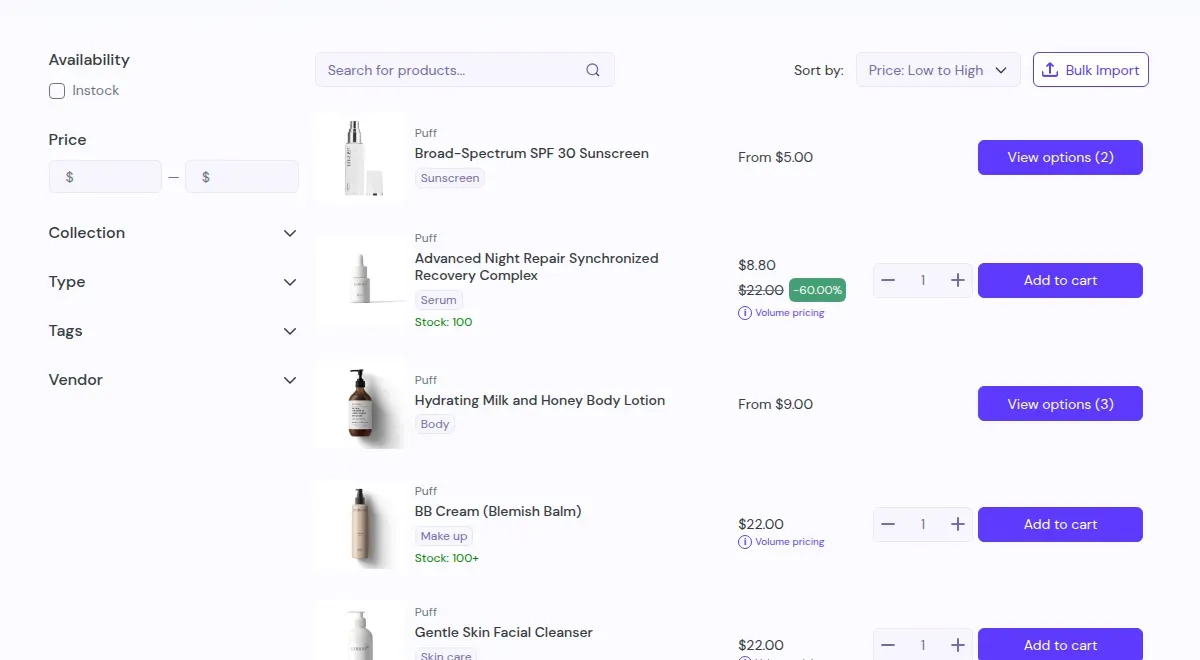 Quick Order rows with a discounted price and Volume pricing label