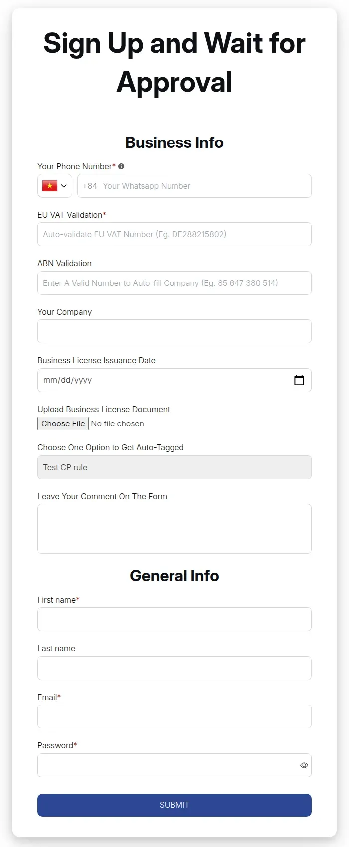 Wholesale sign-up form with phone, EU VAT, ABN, company, license upload and a Submit button