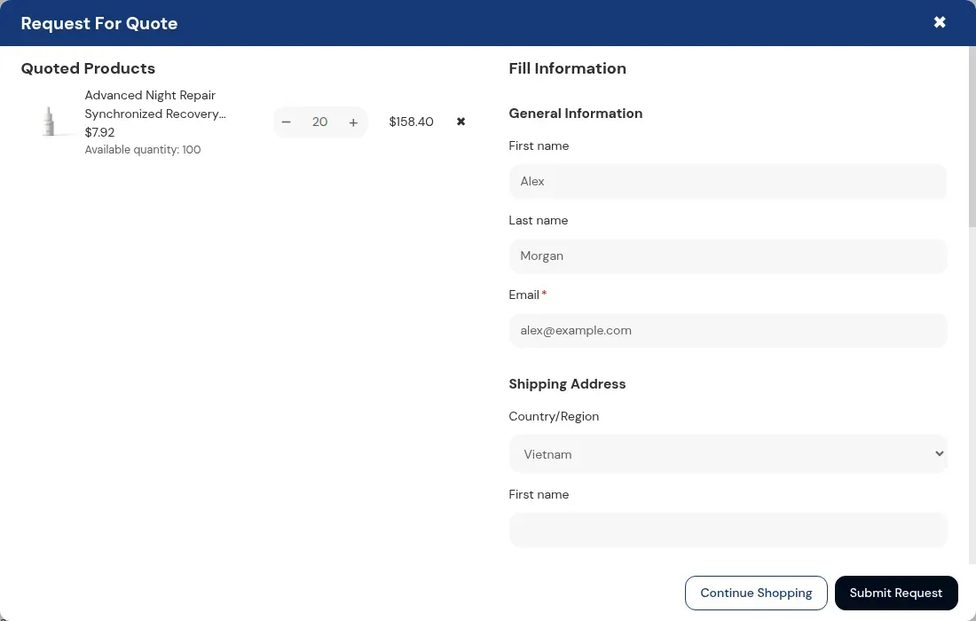 Request For Quote pop-up with one product and a contact form
