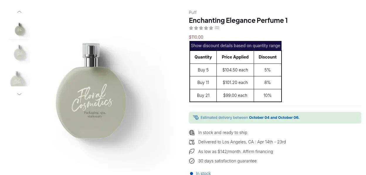 Product page table: buy 5 for $104.50 each, buy 11 for $101.20, buy 21 for $99.00