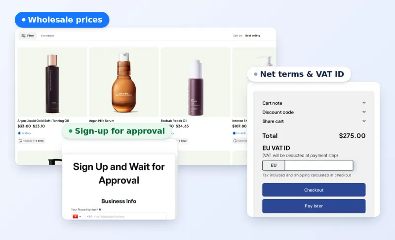 Wholesale prices, net terms, VAT ID and sign-up for approval