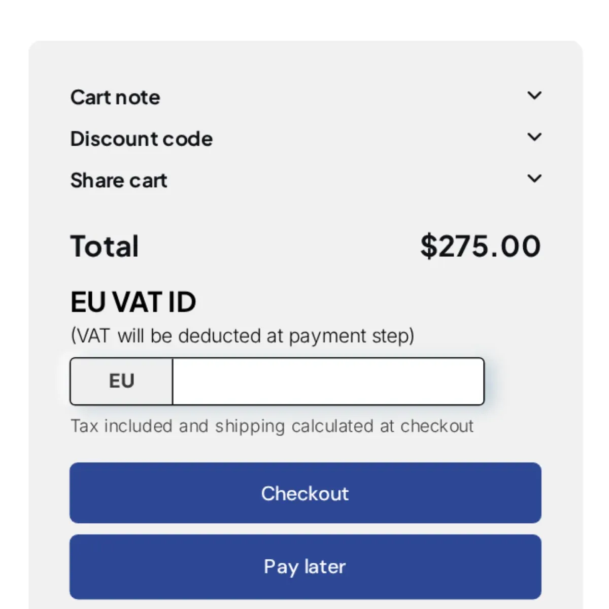 Cart with an EU VAT ID field plus Checkout and Pay later buttons