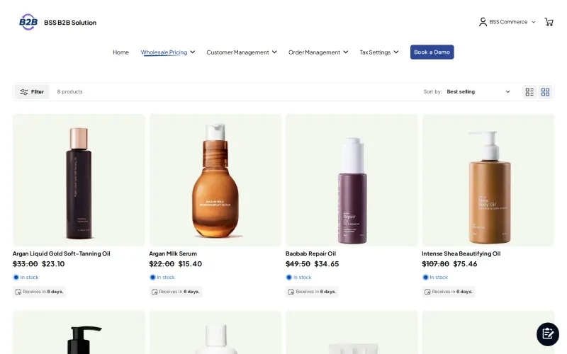 Collection page with retail prices struck through, B2B prices