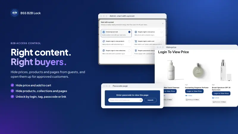 BSS B2B Lock overview graphic with example screens