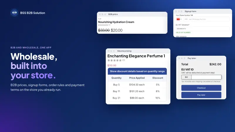 BSS B2B Solution overview graphic with example screens