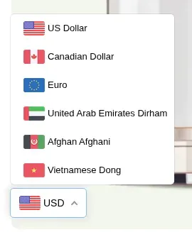 Storefront currency switcher open with a list of currencies