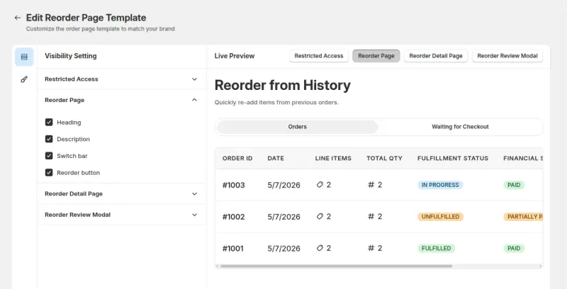 Reorder page template editor with settings and live preview