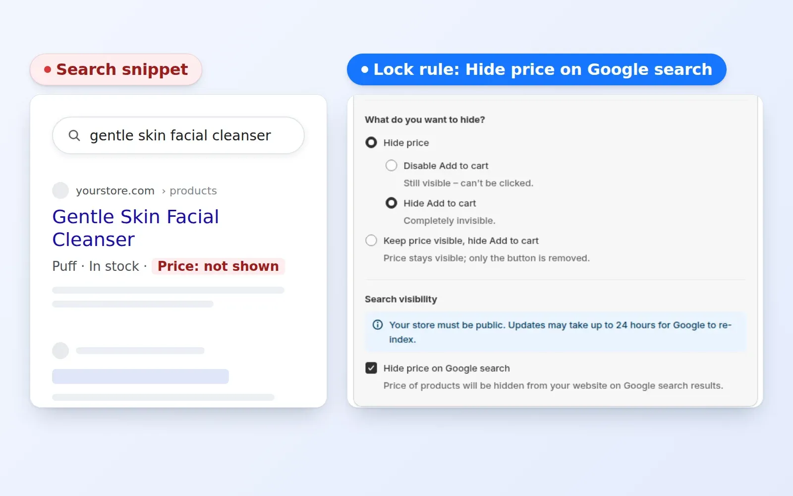 Search result with no price next to the BSS B2B Lock rule Hide price on Google search