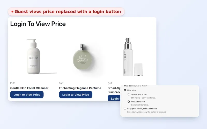 Guest view of a collection where prices are replaced by Login to View Price buttons