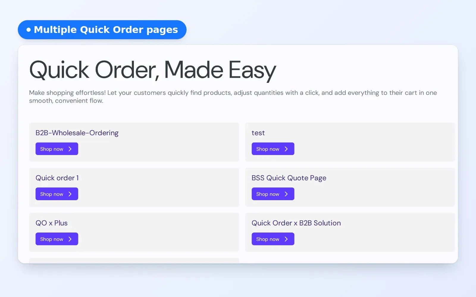 Quick Order landing page listing several Quick Order pages