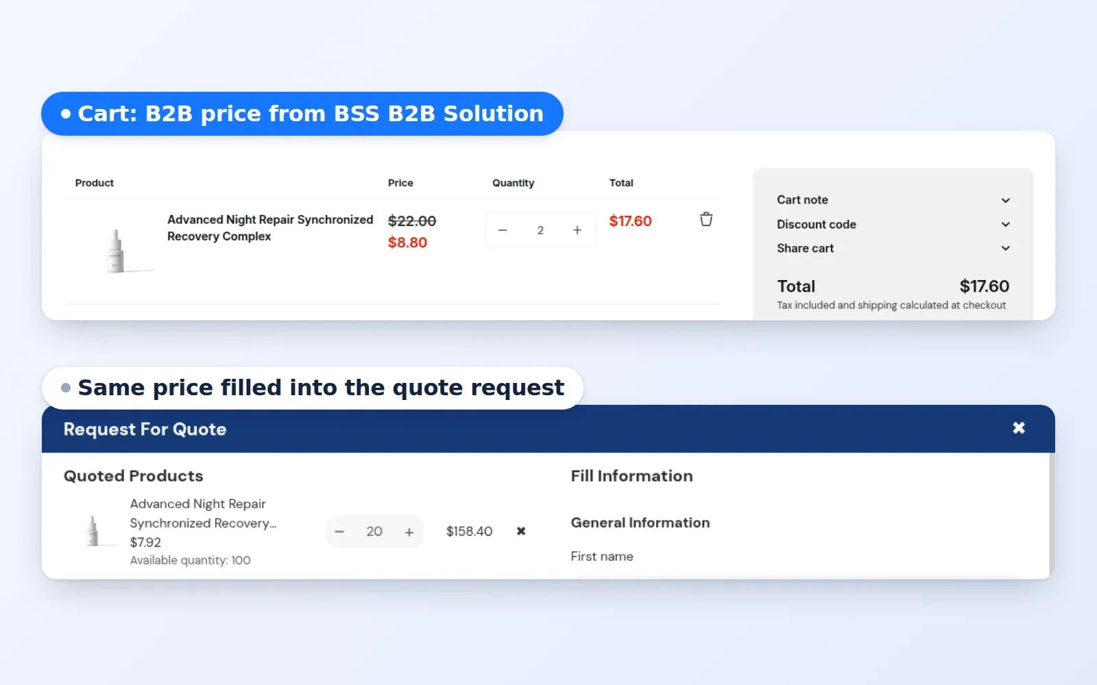 Cart showing the B2B price and the same price filled into the Request for Quote form