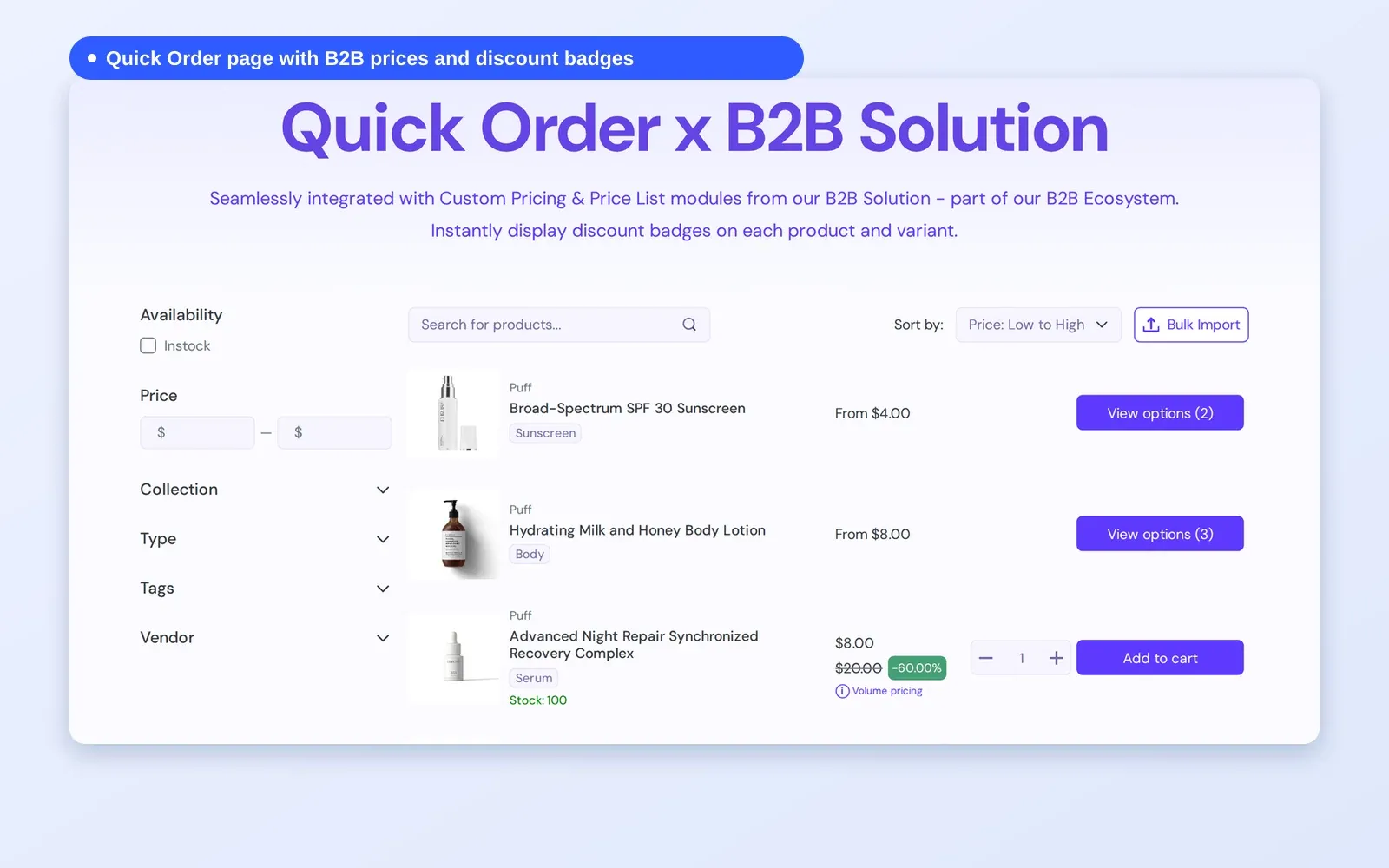 Quick Order page with B2B prices, a 60% discount badge, filters and a Bulk Import button