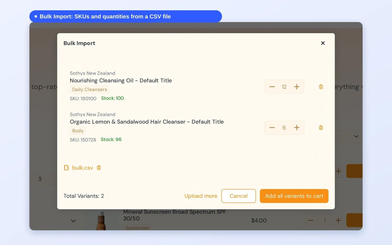 Bulk Import dialog listing SKUs and quantities from an uploaded CSV file, with an Add all variants to cart button