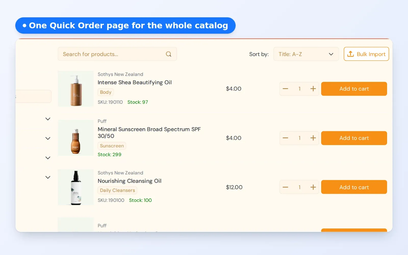 Quick Order page listing products with price, quantity, Add to cart and Bulk import