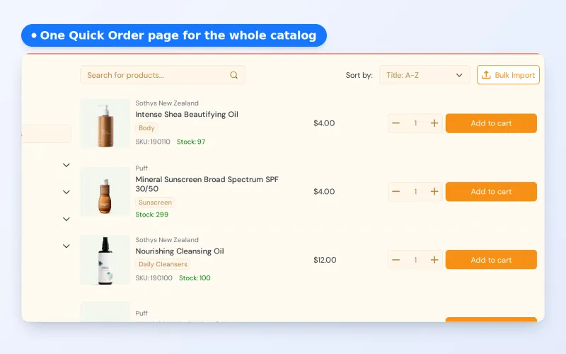 Quick Order page listing products with price, quantity, Add to cart and Bulk import