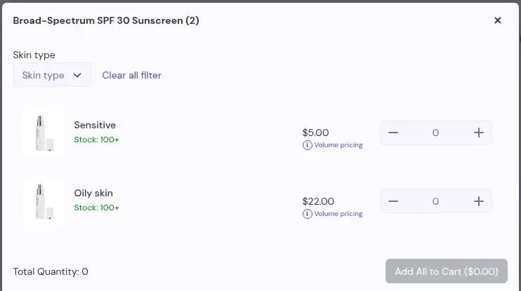 Variant table with price, stock, quantities and Add All to Cart