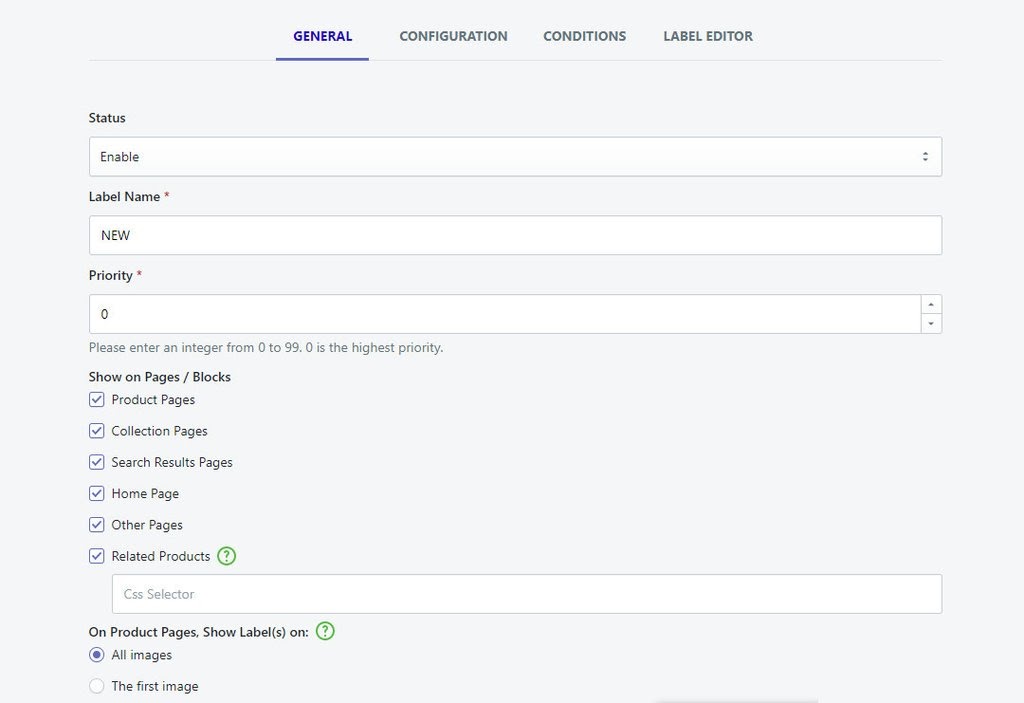 General information inside Shopify product labels app