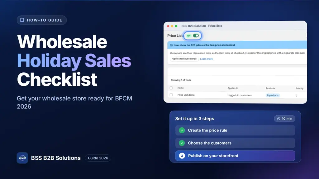 BSS B2B Solution admin price list screen with a three step checklist. Cover for: Prepare Your Shopify Wholesale Business for Holiday Sales: BFCM 2026 Checklist