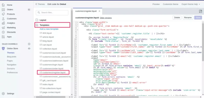 Edit code to change Shopify default registration form