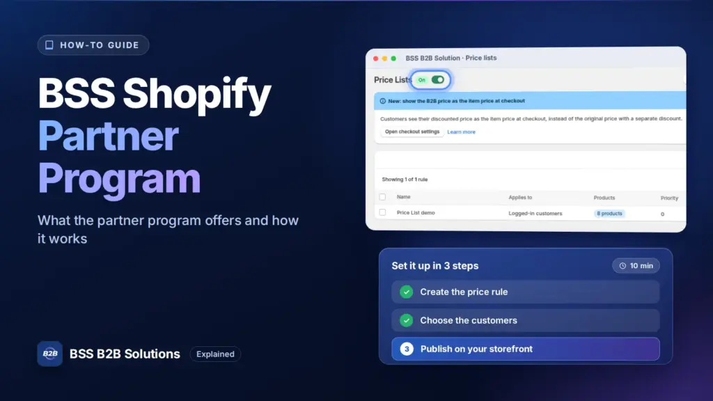 BSS B2B Solution admin price list screen with a three step checklist. Cover for: Everything You Need to Know About BSS’s Shopify Partner Program