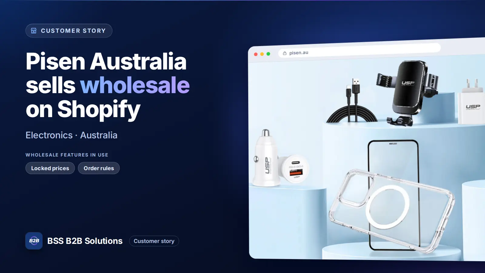 Browser window showing the merchant storefront, Pisen Australia sells wholesale on Shopify. Cover for: How Australia Pisen Leverages Its Business with B2B/Wholesale Solution and B2B Login/Lock & Hide Price