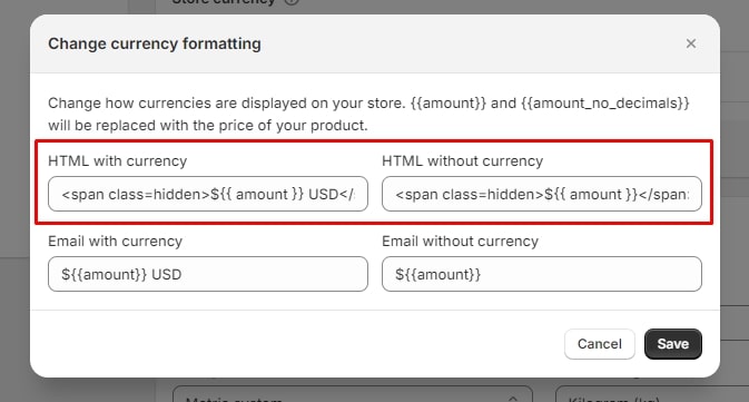 add code to change formatting shopify hide price